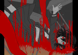 Rule 34 | 1girl, absurdres, additional memory (vocaloid), ambiguous red liquid, black hair, blurry, blurry background, brown background, commentary, desk, empty eyes, falling, feet out of frame, floating hair, from side, frown, hair between eyes, hair ornament, hairclip, highres, kagerou project, kneehighs, long sleeves, looking at viewer, medium hair, neckerchief, no pupils, outstretched arm, palms, partially colored, pillarboxed, pleated skirt, reaching, red eyes, red scarf, sasaki kura, scarf, school desk, school uniform, serafuku, single stripe, skirt, socks, solo, tateyama ayano, tears, undershirt, winter uniform