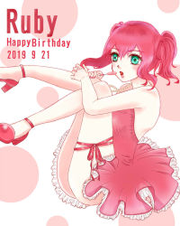 Rule 34 | 1girl, aqua eyes, artist name, artist request, bare legs, bare shoulders, blush, breasts, candy, dress, female focus, food, high heels, holding, holding candy, holding food, jewelry, kurosawa ruby, legs up, looking at viewer, love live!, love live! sunshine!!, nail polish, nails, necklace, parted lips, pearl necklace, red dress, red footwear, red hair, red nails, red ribbon, red skirt, ribbon, short hair, sideboob, skirt, solo, tomoe 1, twintails