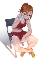 Rule 34 | 1girl, blush, bottle, breasts, brown eyes, brown hair, chair, cleavage, fangxiang cuoluan, full body, hair ornament, hairclip, highres, looking away, midriff, navel, original, ponytail, red shorts, shadow, shoes, short hair, shorts, simple background, sitting, solo, sports bra, sweat, towel, water bottle, white background