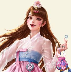 Rule 34 | 1girl, bag, brown eyes, brown hair, cropped, d.va (overwatch), dospi, facepaint, facial mark, fingernails, flower, hair ornament, hanbok, heart, jewelry, korean clothes, lips, long hair, long sleeves, nose, open mouth, overwatch, overwatch 1, pink lips, see-through, see-through sleeves, smile, solo, swept bangs, teeth, traditional clothes, upper body, whisker markings