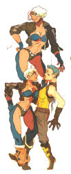 Rule 34 | 1boy, 1girl, angel (kof), baptiste pagani, blue eyes, blue hair, boots, breasts, chaps, cleavage, collage, contrapposto, cowboy boots, cropped jacket, fingerless gloves, gloves, grabbing another&#039;s chin, hair over one eye, hand on another&#039;s chin, hand on own hip, highres, k9999, large breasts, long legs, micro shorts, midriff, navel, short hair, short shorts, shorts, sleeves rolled up, solo focus, standing, the king of fighters, white hair