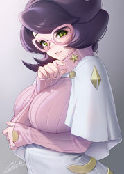 Rule 34 | 1girl, artist name, between breasts, big hair, breasts, capelet, commentary request, creatures (company), fingernails, game freak, glasses, gradient background, green eyes, hand up, highres, large breasts, lips, long sleeves, looking at viewer, masami chie, nintendo, parted lips, pink-framed eyewear, pink sweater, pokemon, pokemon sm, purple hair, ribbed sweater, shiny skin, short hair, signature, simple background, sleeves past wrists, solo, sweater, turtleneck, turtleneck sweater, upper body, wicke (pokemon)