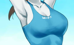 Rule 34 | 1girl, armpits, arms up, breast focus, breasts, brown hair, close-up, clothes writing, colored skin, head out of frame, large breasts, long hair, nintendo, oppaishikakakanai, ponytail, solo, super smash bros., tank top, white skin, wii fit, wii fit trainer, wii fit trainer (female)