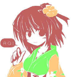 Rule 34 | 1girl, blush, female focus, flat color, heida no akyuu, hieda no akyuu, japanese clothes, kimono, looking at viewer, lowres, oekaki, perfect memento in strict sense, red eyes, red hair, short hair, simple background, solo, speech bubble, talking, text focus, touhou, upper body, white background