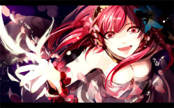 Rule 34 | 1girl, :d, arm up, blue flower, bracelet, breasts, cleavage, flower, from above, hair flower, hair ornament, hairband, jewelry, letterboxed, long hair, looking at viewer, magi the labyrinth of magic, medium breasts, morgiana, okurai, open mouth, red eyes, red hair, sleeveless, smile, solo