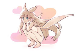 Rule 34 | 1girl, barefoot, blonde hair, blunt bangs, breasts, commentary, completely nude, fairy, full body, green eyes, head rest, heart, heart background, huge breasts, long hair, looking at viewer, nude, original, pointy ears, ryoji (nomura ryouji), sideboob, simple background, smile, solo, squatting, very long hair, white background