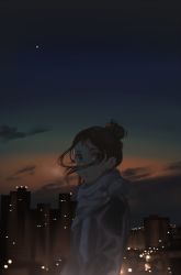 Rule 34 | 1girl, brown hair, city lights, cityscape, cloud, coat, commentary request, female focus, grey eyes, highres, litra (ltr0312), long sleeves, looking back, moon, night, night sky, original, outdoors, parted lips, scarf, short hair, sky, solo, standing, winter clothes, winter coat
