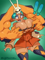 Rule 34 | 1girl, bare shoulders, breasts, cerebella (skullgirls), dress, eyeshadow, huge breasts, lightsource, lipstick, makeup, open mouth, short dress, skullgirls, solo, surprised, thick thighs, thighhighs, thighs, tongue, torn clothes, vice-versa (skullgirls), wide hips