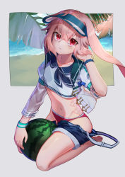 Rule 34 | 1boy, a-uto, animal ears, ansel (arknights), ansel (casual vacation) (arknights), arknights, bare legs, barefoot, beach, blue hat, blue neckerchief, blue shorts, closed mouth, clothes pull, collarbone, commentary, crop top, food, fruit, full body, grey background, groin, hat, looking at viewer, male focus, midriff, navel, neckerchief, ocean, official alternate costume, panties, pink hair, rabbit ears, red eyes, red panties, see-through, see-through sleeves, seiza, short hair, shorts, shorts pull, sitting, solo, trap, underwear, visor cap, watch, watermelon, whistle, whistle around neck, white shorts, wristband, wristwatch