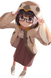 Rule 34 | 1girl, arms up, bird hood, black-framed eyewear, black hair, blue eyes, blush, brown skirt, closed mouth, commentary request, glasses, grey footwear, highres, hood, hood up, hooded jacket, jacket, leaning forward, long sleeves, looking at viewer, mimikaki (men bow), open clothes, open jacket, original, semi-rimless eyewear, shirt, shoes, simple background, skirt, sleeves past wrists, smile, socks, solo, thick eyebrows, under-rim eyewear, v-shaped eyebrows, white background, white jacket, white shirt, white socks