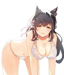 Rule 34 | 1girl, absurdres, animal ears, atago (azur lane), atago (summer march) (azur lane), azur lane, bikini, breasts, cleavage, dog ears, dog girl, hair ornament, highres, large breasts, leaning forward, looking at viewer, official alternate costume, sarong, unworn sarong, simple background, swimsuit, sylux, wet, white background, white bikini