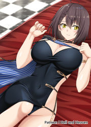 Rule 34 | 1girl, ahoge, armlet, asymmetrical clothes, azur lane, baltimore (azur lane), baltimore (evening breeze minuet) (azur lane), bare shoulders, black cape, black dress, blue cape, blue cloak, blush, braid, breasts, brown hair, cape, checkered floor, choker, cleavage, cloak, collarbone, commentary, commentary request, covered navel, cowboy shot, dress, english commentary, evening gown, french braid, groin, hair between eyes, hellandheaven, highres, large breasts, looking at viewer, lying, mixed-language commentary, official alternate costume, on back, on bed, patreon username, short hair, side slit, sidelocks, single bare shoulder, smile, solo, two-tone cape, yellow eyes