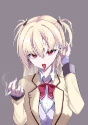 Rule 34 | 1girl, absurdres, arihara nanami, blonde hair, bow, bowtie, brown background, cigarette, commentary, cross, cross earrings, dress shirt, ear piercing, earrings, eyelashes, eyes visible through hair, hands up, highres, holding, holding cigarette, jacket, jewelry, long hair, long sleeves, looking at viewer, mkn yu, piercing, red bow, red bowtie, red eyes, riddle joker, school uniform, shirt, simple background, smoke, smoking, solo, straight hair, tongue, tongue out, tongue piercing, two side up, upper body, upturned eyes, white shirt, yellow jacket