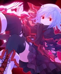 Rule 34 | 1girl, alternate costume, bat wings, black thighhighs, blue hair, boots, hat, hat ribbon, kazeharu, looking at viewer, red background, red eyes, remilia scarlet, ribbon, scarf, short hair, short sleeves, skirt, solo, thighhighs, touhou, wings