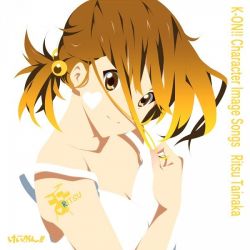 Rule 34 | 1girl, album cover, alternate hairstyle, bare shoulders, bodypaint, brown hair, character single, cover, dress, facepaint, instrument, k-on!, nanao (mahaya), short hair, side ponytail, simple background, solo, strap slip, tainaka ritsu, yellow eyes