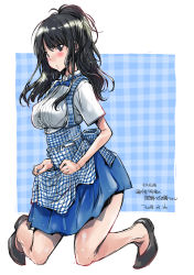 Rule 34 | 1girl, alternate costume, apron, apron lift, black hair, blue bow, blue bowtie, blue eyes, blue skirt, bow, bowtie, clothes lift, commentary request, dated, flats, from side, full body, high ponytail, highres, idolmaster, idolmaster shiny colors, kazano hiori, kneeling, knees, kobeya, kobeya uniform, long hair, looking at viewer, messy hair, mole, mole under mouth, no socks, parted lips, plaid, plaid background, ponytail, skirt, solo, translation request, tsurime, wavy hair, yazawa mana