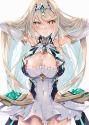 Rule 34 | 1girl, armpits, arms behind head, arms up, bad anatomy, bare shoulders, blonde hair, blush, breasts, chest jewel, cleavage, cleavage cutout, clothing cutout, covered navel, dress, earrings, elbow gloves, gloves, inoue takuya (tactactak), jewelry, large breasts, long hair, looking at viewer, mythra (xenoblade), nintendo, short dress, smile, solo, swept bangs, thighs, tiara, white dress, white gloves, xenoblade chronicles (series), xenoblade chronicles 2, yellow eyes