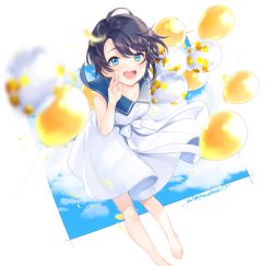 Rule 34 | 1girl, :d, balloon, black hair, blue eyes, blue sky, blurry, blurry foreground, breasts, cloud, collarbone, dress, hair ornament, hololive, light blush, looking at viewer, lower teeth only, medium breasts, nokachoco114, oozora subaru, open mouth, sailor collar, signature, sky, sleeveless, sleeveless dress, smile, solo, star (symbol), star print, teeth, twitter username, upper body, virtual youtuber, white dress