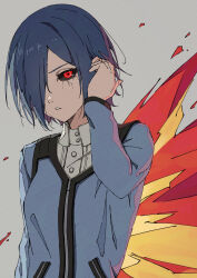 Rule 34 | 1girl, absurdres, black sclera, blue hair, blue jacket, buttons, collared shirt, colored sclera, commentary request, grey background, hair over one eye, highres, jacket, kagune (tokyo ghoul), kirishima touka, komura hiroto, long sleeves, looking at viewer, one eye covered, red eyes, shirt, short hair, simple background, solo, tokyo ghoul, white shirt