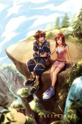 Rule 34 | 1boy, 1girl, artist name, bare shoulders, black gloves, breasts, brown hair, chain necklace, cliff, closed eyes, crossed arms, dress, fingerless gloves, flock, full body, gloves, hair between eyes, hand on another&#039;s shoulder, highres, jewelry, kairi (kingdom hearts), kingdom hearts, kingdom hearts ii, looking at another, mageofspace, medium hair, nature, necklace, open mouth, outdoors, pink dress, red hair, short hair, short sleeves, sitting, sleeveless, sleeveless dress, small breasts, smile, sora (kingdom hearts), teeth, water, waterfall, wristband