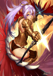 Rule 34 | 1girl, ariverkao, armor, arrow (projectile), ass, bow (weapon), brown panties, brown thighhighs, butt crack, drawing bow, gauntlets, glowing, glowing weapon, gradient background, holding, holding bow (weapon), holding weapon, long hair, looking at viewer, armored boots, metal gloves, original, panties, ponytail, purple eyes, purple hair, signature, solo, thighhighs, underwear, very long hair, weapon