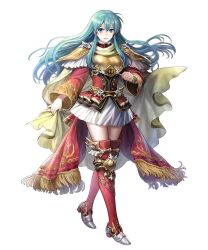 Rule 34 | 1girl, asatani tomoyo, cape, eirika (fire emblem), fire emblem, fire emblem: the sacred stones, fire emblem heroes, full body, highres, holding, holding cape, holding clothes, long hair, nintendo, official art, skirt, solo, standing, thighhighs, transparent background, white skirt