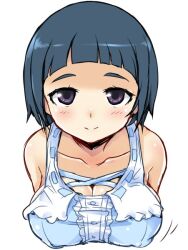Rule 34 | 1girl, bare shoulders, black eyes, blue hair, blue shirt, blunt bangs, blush, breasts, cleavage, closed mouth, collarbone, cropped torso, hirowa nagi, idolmaster, idolmaster cinderella girls, idolmaster cinderella girls starlight stage, looking at viewer, looking up, motion lines, okazaki yasuha, shirt, short hair, simple background, sleeveless, sleeveless shirt, small breasts, smile, solo, upper body, white background
