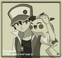 Rule 34 | 1boy, anniversary, aroma 0404, closed mouth, commentary request, copyright name, creatures (company), framed, game freak, gen 1 pokemon, hair between eyes, hand up, hat, headpat, jacket, male focus, monochrome, nintendo, on shoulder, open clothes, open jacket, pikachu, pokemon, pokemon (creature), pokemon on shoulder, pokemon rgby, red (pokemon), shirt, short hair, short sleeves, smile