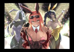 Rule 34 | 3girls, absurdres, animal ears, aria (nikke), bare shoulders, black hair, black pantyhose, black skin, blonde hair, blue eyes, bow, bowtie, breasts, cleavage, colored skin, commentary, covered navel, crowd, dark-skinned female, dark skin, english commentary, eyewear on head, fishnet pantyhose, fishnets, fujisaki subaru, glowstick, goddess of victory: nikke, grin, hair over one eye, highres, leotard, looking at viewer, microphone stand, multicolored hair, multiple girls, noise (nikke), one eye closed, pantyhose, pink nails, playboy bunny, pointing, rabbit ears, red hair, smile, sunglasses, sweat, twintails, two-tone hair, volume (nikke), white hair, wrist cuffs, yellow eyes