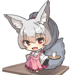 Rule 34 | 1girl, :d, animal ear fluff, animal ears, apron, blush, chibi, collared shirt, commentary request, cup, dress shirt, drinking glass, fox ears, fox girl, fox tail, frilled apron, frills, full body, grey hair, holding, holding tray, long hair, long sleeves, looking at viewer, open mouth, original, pink apron, pleated skirt, ponytail, red eyes, red skirt, shirt, simple background, skirt, smile, solo, standing, tail, tray, white background, white shirt, wide sleeves, yuuji (yukimimi)