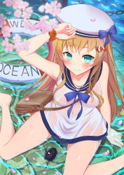 Rule 34 | 1girl, arm at side, armpits, bag, bare legs, bare shoulders, barefoot, blonde hair, blue bow, blue bowtie, blush, bow, bowtie, breasts, cherry blossoms, closed mouth, cocoablue23, collarbone, commentary request, coral, covered erect nipples, day, dress, fang, fang out, fingernails, green eyes, hand to head, hand up, hat, highres, innertube, large breasts, lifebuoy, long fingernails, long hair, looking at viewer, nail polish, no bra, orange scrunchie, original, outdoors, partially submerged, petals, pink nails, sailor collar, sailor dress, sailor hat, school uniform, scrunchie, sea turtle, see-through, serafuku, short dress, shoulder bag, sidelocks, sitting, smile, solo, swim ring, turtle, very long hair, wariza, water, wet, white hat, wrist scrunchie