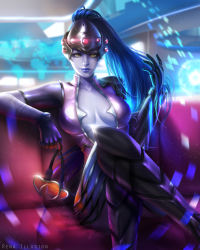Rule 34 | 1girl, absurdres, blue hair, breasts, center opening, cleavage, colored skin, crossed legs, gloves, goggles, head-mounted display, high ponytail, highres, large breasts, light smile, lips, long hair, looking at viewer, overwatch, overwatch 1, purple skin, rena illusion, renaillusion, sitting, solo, theft, widowmaker (overwatch), yellow eyes