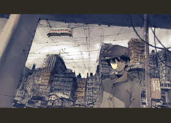 Rule 34 | 1boy, city, cityscape, cloud, cloudy sky, hat, heterochromia, humi, male focus, original, power lines, red eyes, sky, solo, streetcar, toi8