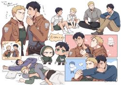 Rule 34 | 2boys, armband, arms around neck, bed, bertolt hoover, black hair, blonde hair, blush, brown eyes, brown jacket, cape, chest belt, chibi, child, couple, cropped jacket, green eyes, hood, hood down, hood up, hooded cape, hug, hug from behind, jacket, leather, leather jacket, looking at another, lying, male focus, midooka (o k k), multiple boys, multiple views, on bed, on side, on stomach, pants, paradis military uniform, pectorals, reiner braun, shingeki no kyojin, shirt, short hair, sitting, sleep molestation, sleeping, sleeping on person, socks, three-dimensional maneuver gear, translation request, white background, yaoi