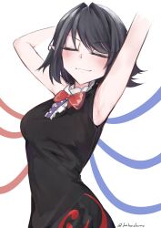 1girl absurdres armpits arms_up asymmetrical_wings black_dress black_hair blue_wings blush bow bowtie breasts buttons closed_eyes closed_mouth commentary dress english_commentary highres houjuu_nue medium_breasts pointy_ears radish_(daikonchamma) red_bow red_bowtie red_wings short_hair simple_background sleeveless sleeveless_dress smile smug textless_version tomoe_(symbol) touhou upper_body v-shaped_eyebrows variant_set white_background wings