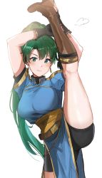 Rule 34 | 1girl, asymmetrical bangs, belt, black shorts, blue dress, blush, boots, breasts, brown footwear, closed mouth, dress, earrings, fire emblem, fire emblem: the blazing blade, green eyes, green hair, high ponytail, highres, jewelry, knee boots, large breasts, leg lift, leg up, long hair, looking at viewer, lyn (fire emblem), nintendo, ormille, pelvic curtain, ponytail, sash, short sleeves, shorts, simple background, smile, split, standing, standing on one leg, standing split, thighs, white background