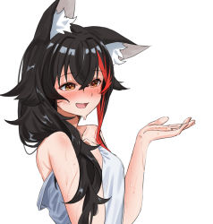 Rule 34 | 1girl, :d, animal ear fluff, animal ears, black hair, blush, brown eyes, commentary request, daichi (daichi catcat), from side, hair between eyes, hand on own chest, hands up, highres, hololive, long hair, multicolored hair, naked towel, ookami mio, open mouth, red hair, simple background, smile, solo, streaked hair, towel, upper body, virtual youtuber, wet, white background, wolf ears