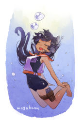 Rule 34 | 1girl, air bubble, artist name, barefoot, black hair, black one-piece swimsuit, blouse, bubble, closed eyes, full body, headgear, i-400 (kancolle), kantai collection, long hair, mogamiya honu, name tag, one-piece swimsuit, open mouth, orange sailor collar, sailor collar, sailor shirt, school swimsuit, shirt, sinking, sleeveless, sleeveless shirt, solo, swimsuit, swimsuit under clothes, thigh strap, underwater, white shirt