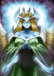 Rule 34 | 1girl, artist name, backlighting, bare shoulders, blonde hair, blue skin, breasts, cleavage, closed eyes, closed mouth, collarbone, colored skin, commentary, cowboy shot, dress, duel monster, english commentary, facing viewer, floating hair, green dress, hair between eyes, headpiece, highres, interlocked fingers, large breasts, long hair, long sleeves, mystical elf, own hands clasped, own hands together, praying, solo, straight hair, the golden smurf, very long hair, wide sleeves, yu-gi-oh!