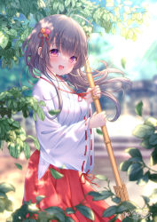 Rule 34 | 1girl, :d, absurdres, bamboo broom, blunt bangs, blurry, blurry background, branch, brooch, broom, commentary request, dappled sunlight, day, grey hair, hair blowing, hair ornament, hakama, hakama short skirt, hakama skirt, highres, holding, holding broom, japanese clothes, jewelry, kimono, leaf, looking at viewer, miko, open mouth, original, outdoors, red eyes, red hakama, red neckwear, shrine, signature, skirt, smile, solo, stairs, standing, sunlight, white kimono, wide sleeves, yuyuko (yuyucocco)