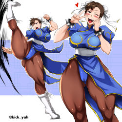 Rule 34 | 1girl, :d, ass, black pantyhose, blush, boots, bracelet, breasts, brown hair, brown pantyhose, cameltoe, capcom, chun-li, cleft of venus, cowboy shot, cross-laced footwear, crotch, double bun, female focus, full body, gold trim, hair bun, highres, hip focus, huge ass, huge breasts, jewelry, kicking, kimura naoki, lace-up boots, large breasts, legs, one eye closed, open mouth, pantyhose, pelvic curtain, puffy sleeves, sash, short hair, smile, solo, spiked bracelet, spikes, spread legs, standing, street fighter, thick thighs, thighs, v, w, wide hips, wink