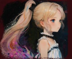 Rule 34 | 1girl, bare shoulders, black bow, blonde hair, blue eyes, blush, bow, choker, closed mouth, dark background, dress, expressionless, flat chest, forehead, hair bow, high ponytail, highres, looking ahead, original, painterly, parted bangs, petite, shuta, simple background, solo, white dress