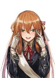 Rule 34 | 1girl, :d, blue jacket, brown hair, girls&#039; frontline, gloves, green eyes, hair between eyes, infukun, jacket, long hair, long sleeves, looking at viewer, springfield (girls&#039; frontline), open mouth, red ribbon, ribbon, sash, smile, solo, teeth, upper body, white background, white gloves, white sash