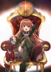 Rule 34 | 1girl, boots, bow, bowtie, brown eyes, brown hair, chair, crossed legs, dress, frills, hair ornament, highres, hitoshi suda, long hair, looking at viewer, magia record: mahou shoujo madoka magica gaiden, magical girl, mahou shoujo madoka magica, open mouth, parasol, satomi touka, sitting, smile, solo, soul gem, thighhighs, umbrella
