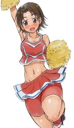 Rule 34 | 10s, 1girl, arm up, armpits, bad id, bad pixiv id, bike shorts, blush, breasts, brown eyes, brown hair, cheerleader, cleavage, crop top, crop top overhang, full-face blush, girls und panzer, groin, midriff, navel, open mouth, pom pom (cheerleading), sawa azusa, shiny skin, shoes, short hair, shorts, shorts under skirt, simple background, skirt, sneakers, solo, solokov (okb-999), tan, tanline, white background