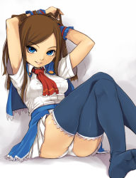 Rule 34 | 1girl, arms up, bad id, bad pixiv id, blue eyes, blue thighhighs, breasts, brown hair, cameltoe, castlevania (series), castlevania: portrait of ruin, charlotte aulin, covered erect nipples, crossed legs, feet, medium breasts, no shoes, panties, pantyshot, parted lips, pleated skirt, short sleeves, sitting, skirt, smile, solo, stupa13a, swept bangs, thighhighs, underwear, upskirt, white panties