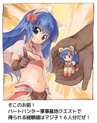 Rule 34 | 1girl, animal ear fluff, animal ears, bikini, bikini top only, blue hair, blush, bow, brown capelet, brown gloves, capelet, cat ears, character doll, commentary request, cowboy shot, elbow gloves, emurin, flat chest, gloves, green eyes, grin, hair between eyes, hair bow, in palm, long hair, looking at viewer, mage (ragnarok online), majiko (emurin), midriff, monkey ears, multiple hair bows, navel, pelvic curtain, ragnarok online, red bikini, red bow, red skirt, showgirl skirt, skirt, smile, star-shaped pupils, star (symbol), swimsuit, symbol-shaped pupils, translation request