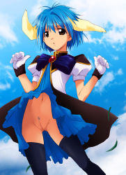 Rule 34 | 1girl, animal ears, blue bow, blue dress, blue hair, blue thighhighs, bow, censored, clothes lift, cloud, cloudy sky, day, dress, dress lift, falling leaves, female pubic hair, frilled dress, frills, galaxy angel, gloves, gluteal fold, jacket, kaiga, large bow, leaf, looking at viewer, mint blancmanche, mosaic censoring, navel, no panties, open mouth, orange eyes, outdoors, pubic hair, puffy short sleeves, puffy sleeves, pussy, short hair, short sleeves, sky, solo, surprised, thighhighs, upskirt, white gloves, white jacket, wind, wind lift