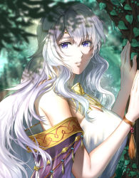 Rule 34 | 1girl, bare shoulders, breasts, circlet, cleavage, dappled sunlight, deirdre (fire emblem), delsaber, dress, fire emblem, fire emblem: genealogy of the holy war, forest, grey hair, highres, large breasts, long hair, looking at viewer, nature, nintendo, outdoors, purple eyes, shade, sleeveless, sleeveless dress, solo, sunlight, tree, tree shade, upper body, very long hair, white dress
