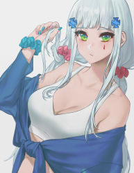 Rule 34 | 1girl, absurdres, blue nails, bracelet, breasts, cleavage, closed mouth, female focus, girls&#039; frontline, green eyes, hand in own hair, highres, hk416 (girls&#039; frontline), jewelry, kir (khw66136132), long hair, looking at viewer, medium breasts, multicolored nails, nail polish, pink nails, silver hair, solo, tank top, twintails, white background, white tank top